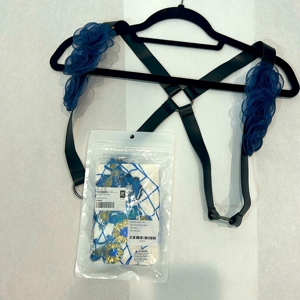Carnival faux leather blue rose harness black& sequin flower embellished fishnet